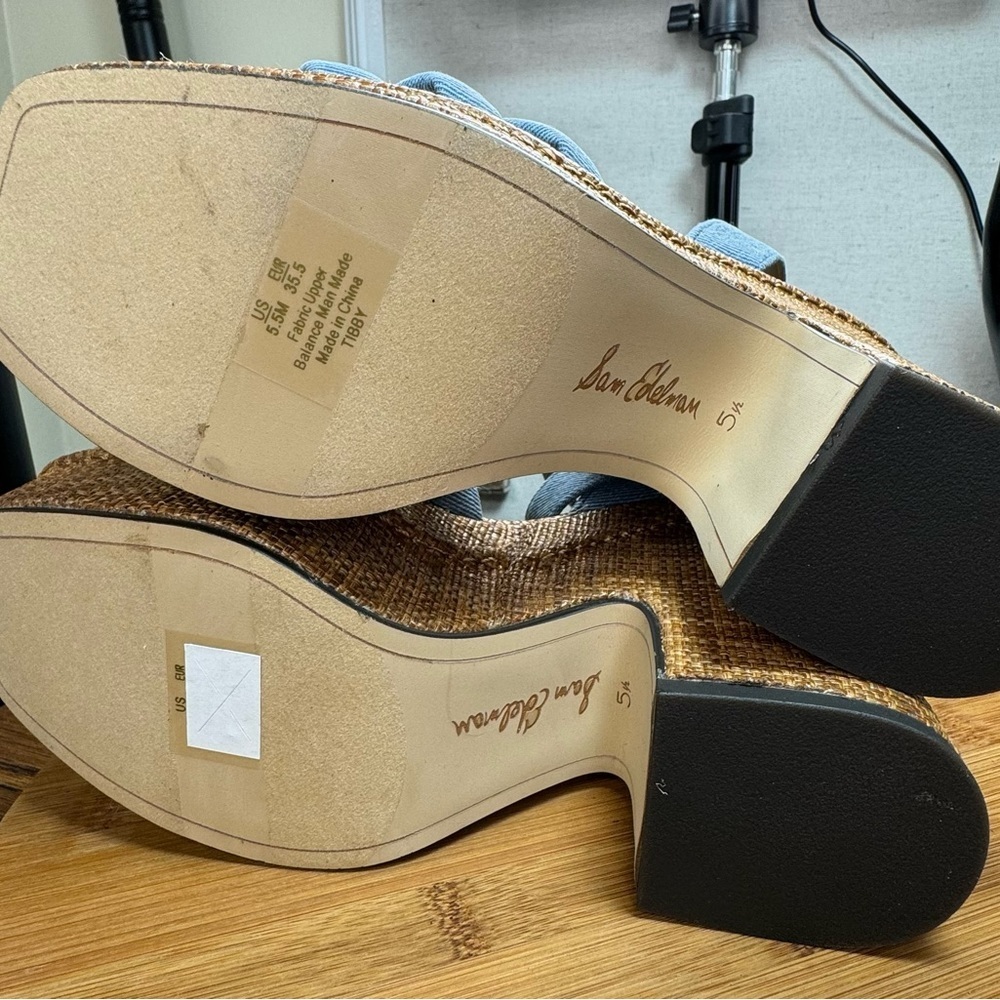 NWOT New Sam Edelman Tibby Platform Heels Size 5.5 or 6 in Blue Denim and Brown - Picture 7 of 11